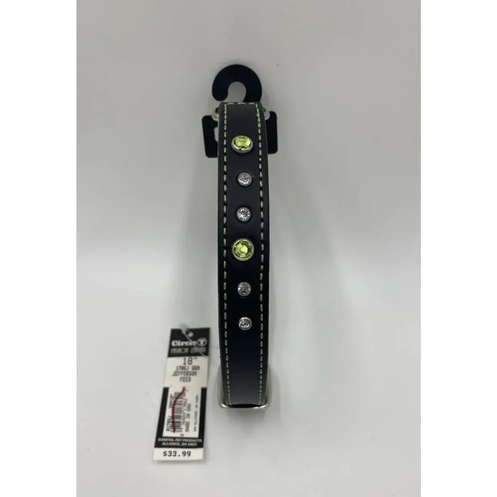 NEW Circle T Leather Studded Rhinestone Collar Black Lime Green 18” Inch Dog NWT